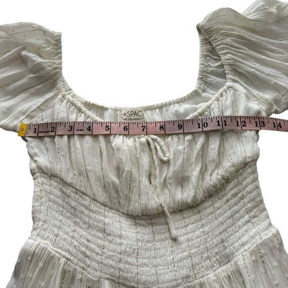 L*SPACE Cassidy Dress Anthropologie White Ruffle Long Sleeve Gold Medium Viscose - Picture 13 of 16